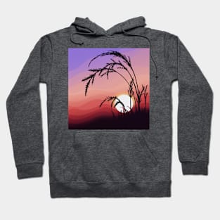 Warm Red Sunrise Silhouetting Wheat Landscape Digital Illustration Hoodie